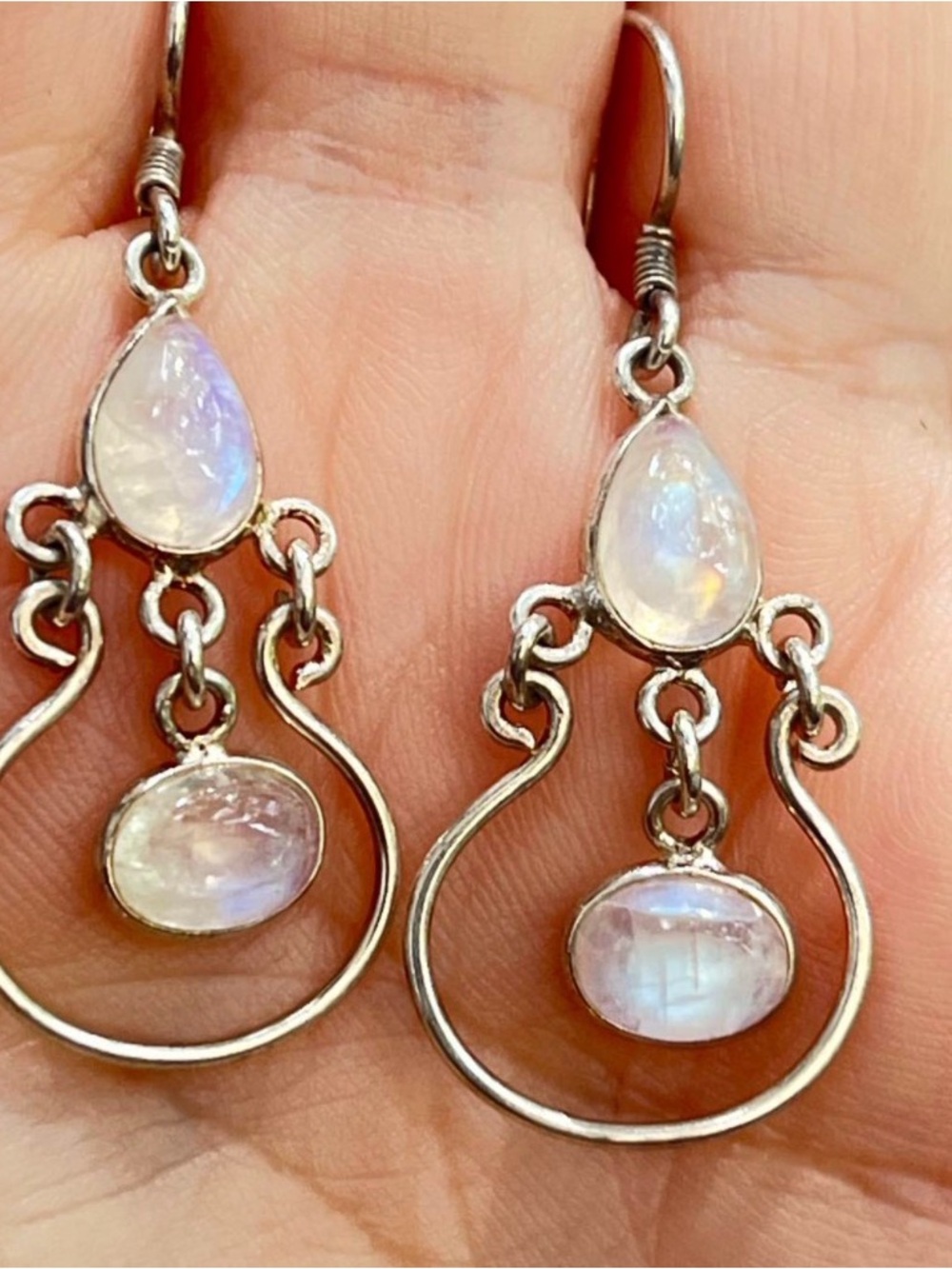 Sterling Silver Moonstone Drop Earrings - Iridescent White - Picture 3 of 5